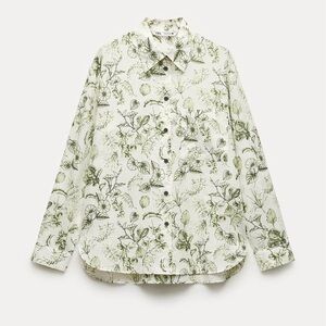 Zara Women’s Green And White Floral Print Button-Up Shirt Sz S